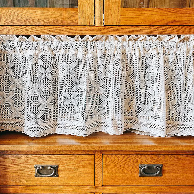 

Knitted Lace Tiers Short Curtains For Kitchen Cabinet Toilet Crocheted Beige Hollow Hole Floral Door Cafe Decroation Half Window