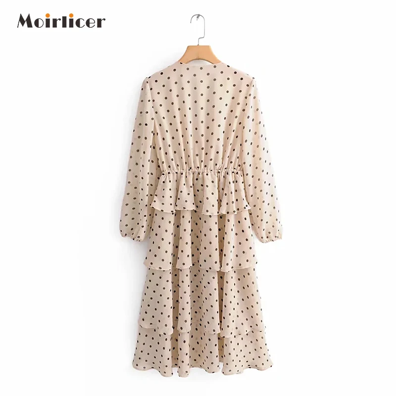 Женское длинное платье в горошек зимнее макси с длинным рукавом v образным