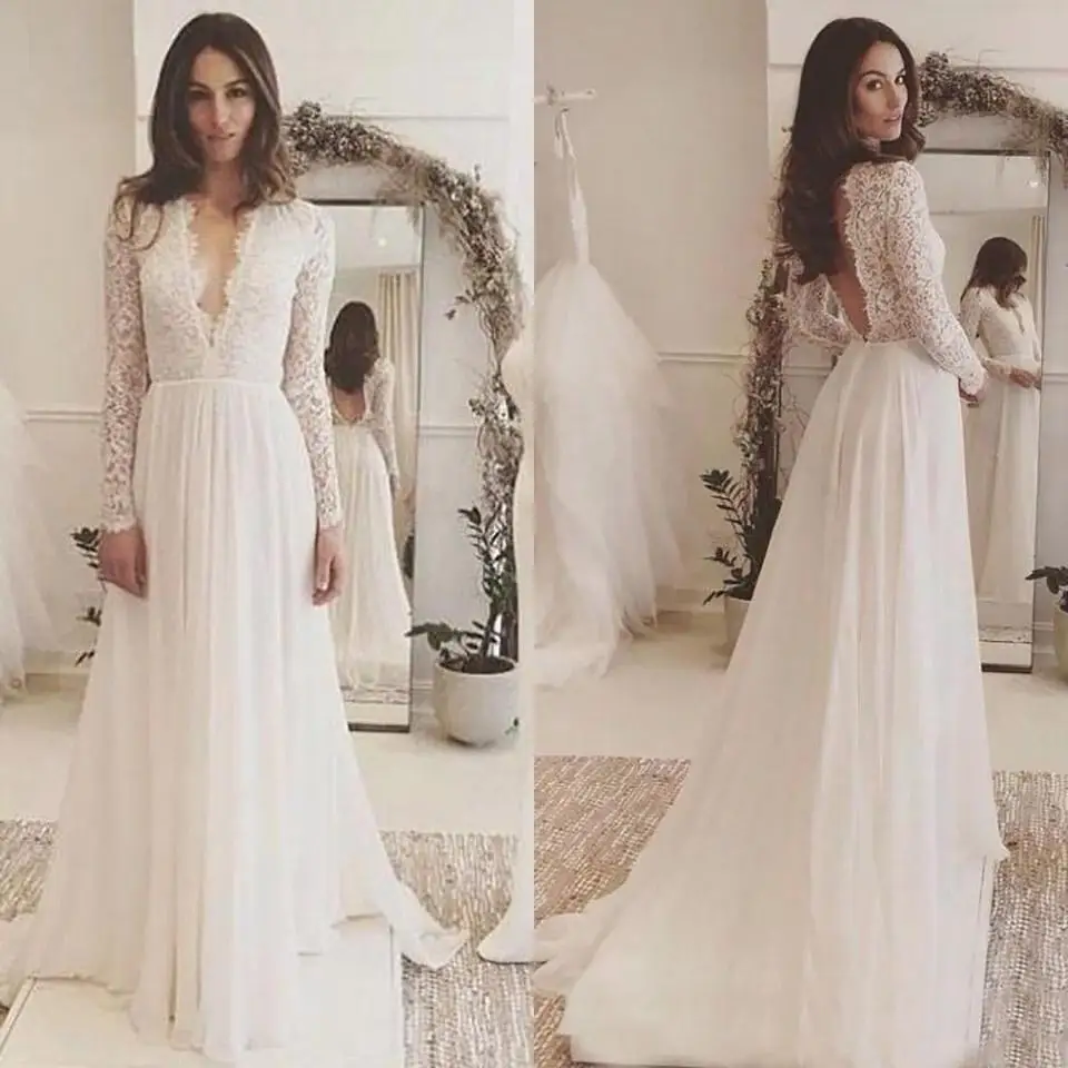 

Lace Long Sleeve Backless Bohemian Beach Country Wedding Dresses Cheap Deep V Neck Chiffon Long Boho Bridal Gowns Wed Dress