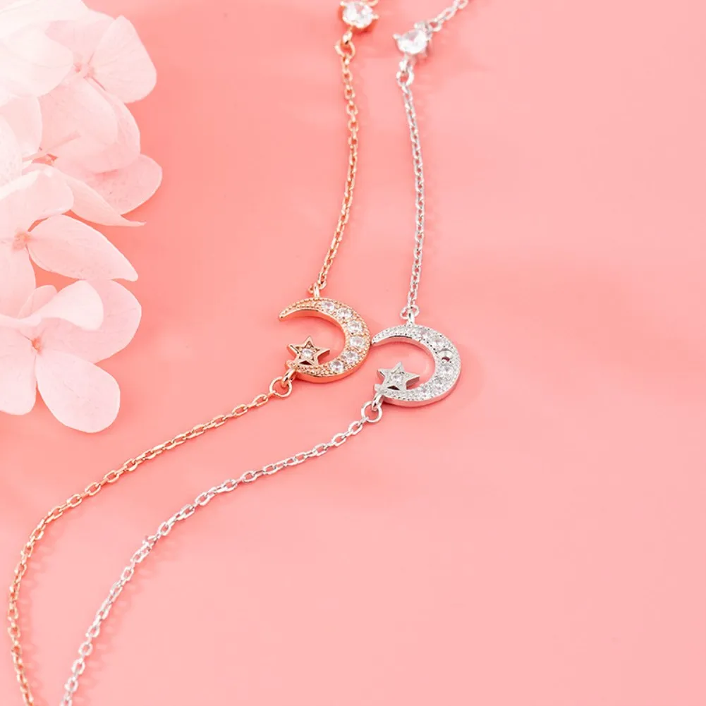 

LEKANI 925 Sterling Silver Necklace For Women Sparkling Zircon Star Moon Pendant Necklaces Romantic Valentine's Day Jewelry