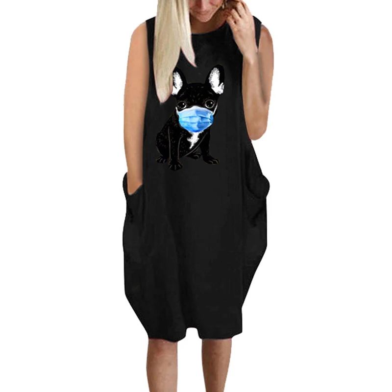 Vicabo черное платье с принтом собаки масками сексуальное лето 2020 карманом Femme халат