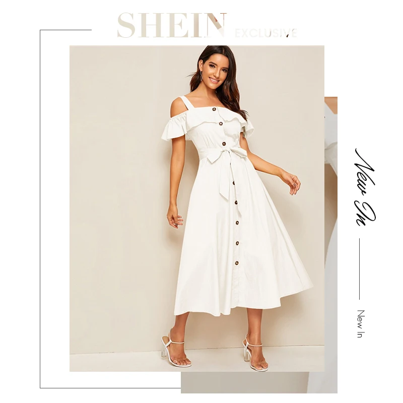 SHEIN белое платье с воланом и откидной пуговицей спереди с поясом женские осенние ремни с открытыми плечами однотонные расклешенные вечерние длинные платья