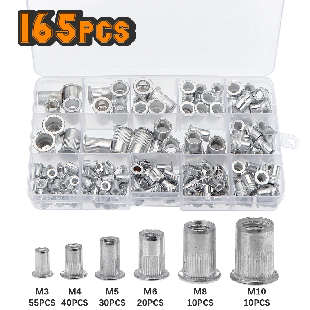 

165pcs M3 M4 M5 M6 M8 M10 Mix Size Rivet Nuts Set Aluminum Flat Head Rivet Nuts Insert Rivets with Plastic Box