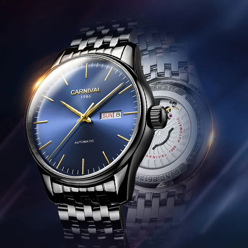 CARNIVAL Luxury Gold Steel Mechanical Watch Calendar Sapphire Men Automatic Wristwatch Waterproof Watches Relogio Fashion New enlarge