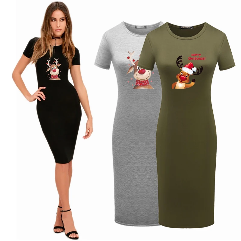 

Sexy Club Dress Women Christmas Cute Elk Elegant Party Bodycon Slim Short Sleeve Vestidos Summer Kerst Clothes 2021 New