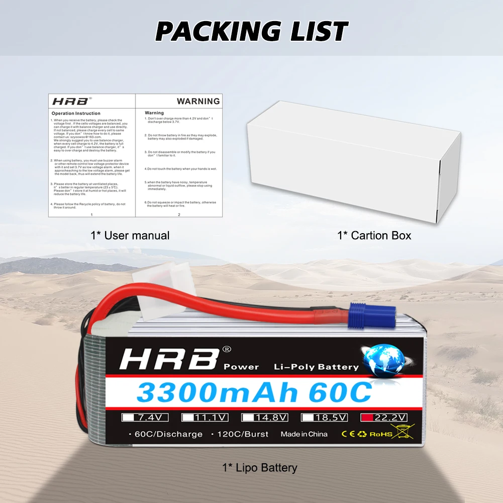 

Eruope Warehouse HRB Lipo Battery 2S 3S 4S 6S 3300mah 2200mah 5000mah 6000mah 4000mah 7000mah with XT60 T EC5 plug for RC Car