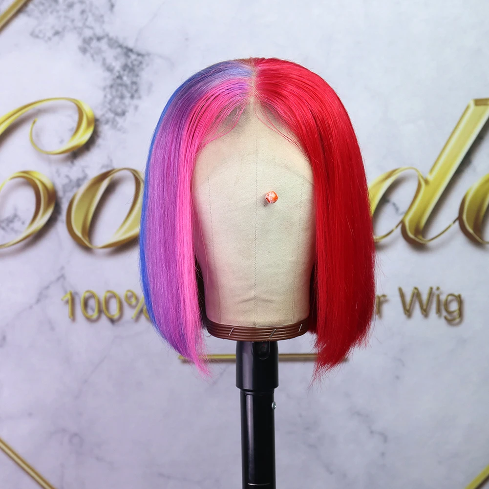 COLODO Half Red Rainbow Lace Front Wigs Brazilian Preplucked Wig Glueless Short Bob Human Hair For Women | Шиньоны и парики