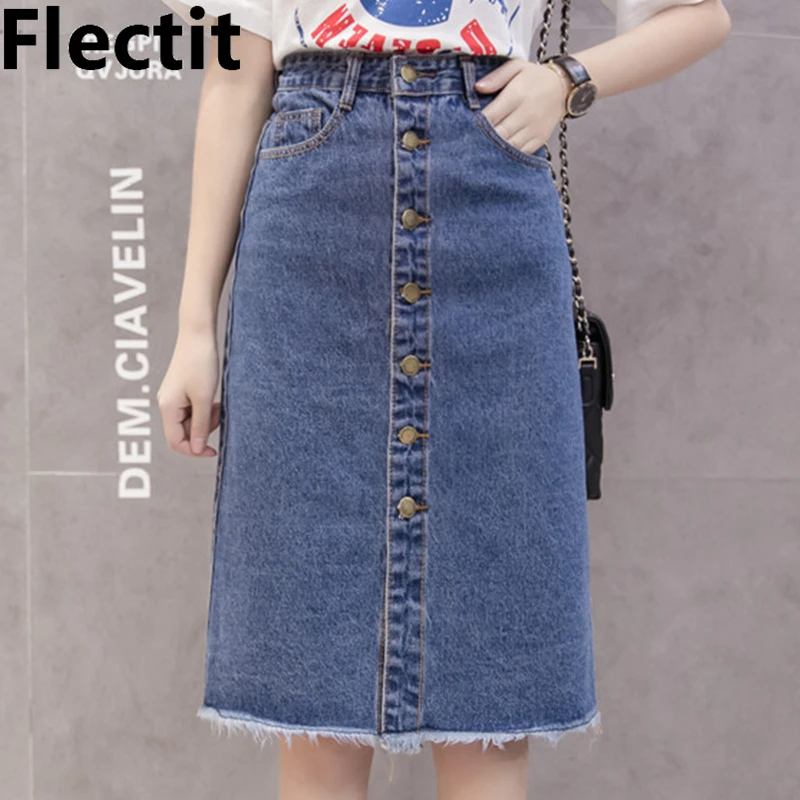 Flectit 2022 Button Front Midi Denim Skirt for Women Casual High Waist Fray Hem with Pocket Knee Length Jeans Skirt Female *