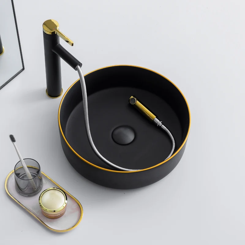

Black Gold Counter Basin Wash Basin Single Basin with Pull Out Faucet Round Basin European Basins Ceramic Vessel Sink 36cm