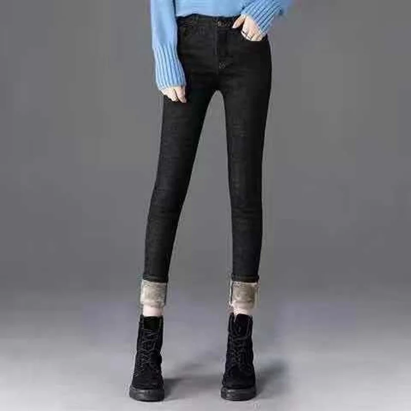 

2021 Winter Jeans Women Fleeces Inside Thickening Denim Pants High Waist Warm Trousers Female Jeans Woman Pants Plus Size Y378
