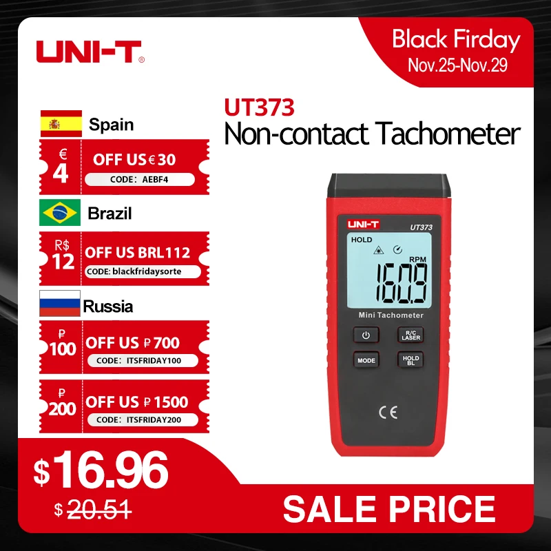 

UNI-T UT373 Digital Laser Handheld Tachometer Single Trigger Auto RPM Speed Tester Measurement Meter Non-contact LCD Backlight