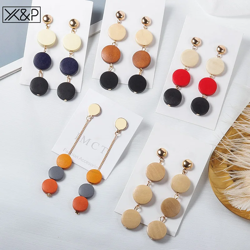 X & P Модные Винтажные деревянные длинные висячие корейские серьги для женщин