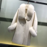 2022 casual winter jacket women natural real fox fur collar cashmere wool blends outerwear coat streetwear loose cloak