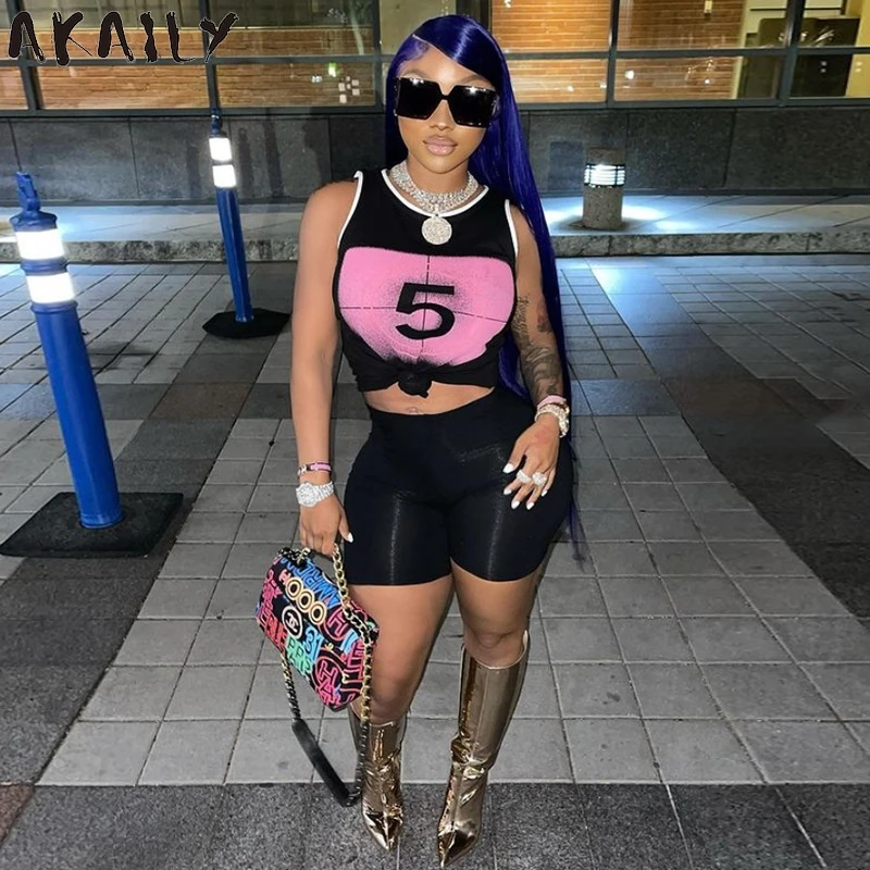 

Женский спортивный костюм из двух предметов Akaily, черный спортивный костюм из двух предметов, укороченный топ без рукавов с круглым вырезом ...