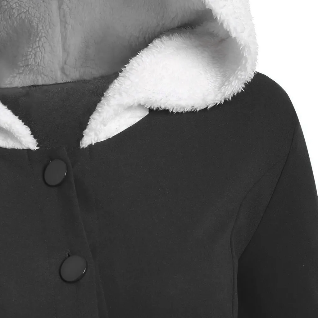 Зимнее женское платье в стиле ретро однотонное с капюшоном и пуговицами теплое