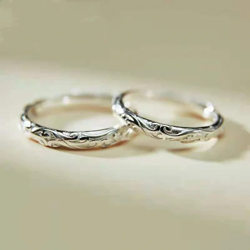 

Simple Fashion Design Silver Carved Pattern Mens Rings Lover Couple Rings Alliance Wedding Band Rings Set for Women Men