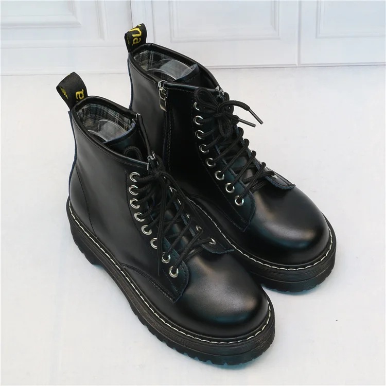 Women Flat Platform Ankle Boots Warm Winter Black Lace Up Medium Creepers Shoes Martin Fashion Party Footwear | Обувь