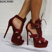 kolnoo handmade ladies high heels sandals buckle strap peep toe sexy platform lace up real photos evening club fashion shoes