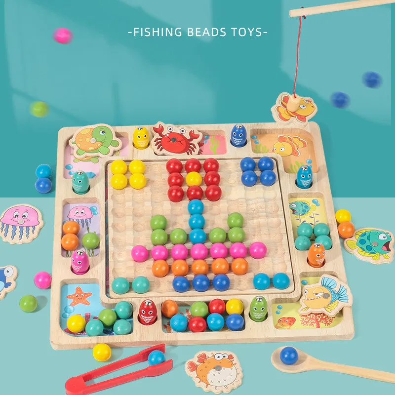 

Montessori Wooden Three-in-one Fishing Xiaoxiaole Clip Bead Toy Young Children's Educational Hand-eye Coordination Training Toy