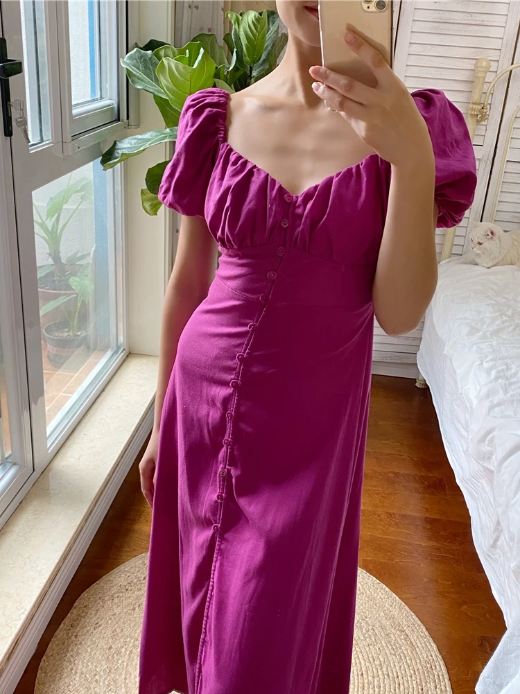 

French retro temperament show thin temperament bubble sleeve purple dress waist collar cotton long skirt