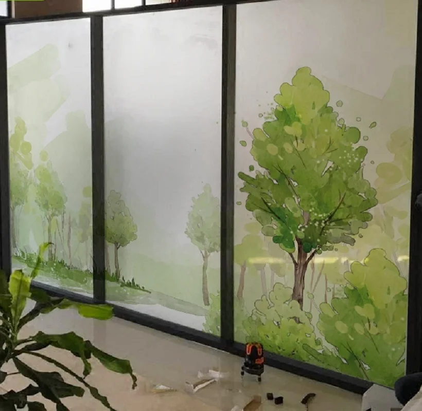 Статическая прозрачная стеклянная пленка размер на заказ узор с зеленым деревом