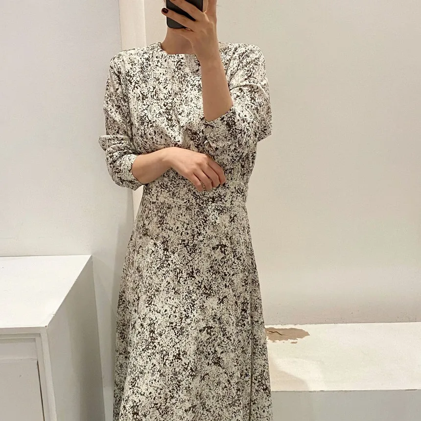 

Women Spring 2021 New Elegant Fashion Print Midi Vintage Long Sleeve Pleated Female Dresses Vestidos Mujer
