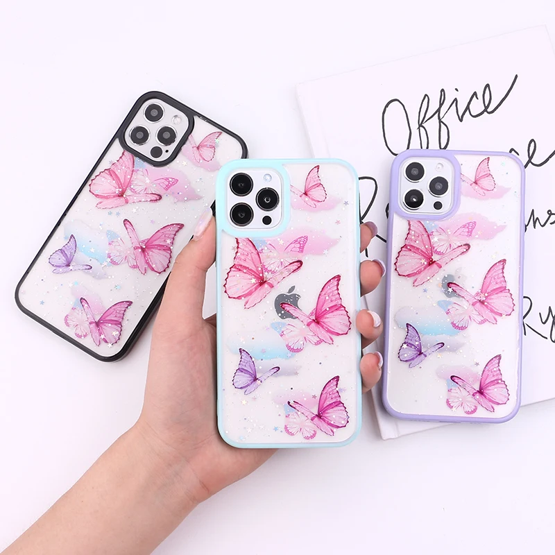 

Color Butterfly Bling Protection Phone Case For iPhone 11 12 13 Pro Max X XS XR 7 8P Mini Clear Glitter Star Sequins Phone Coque