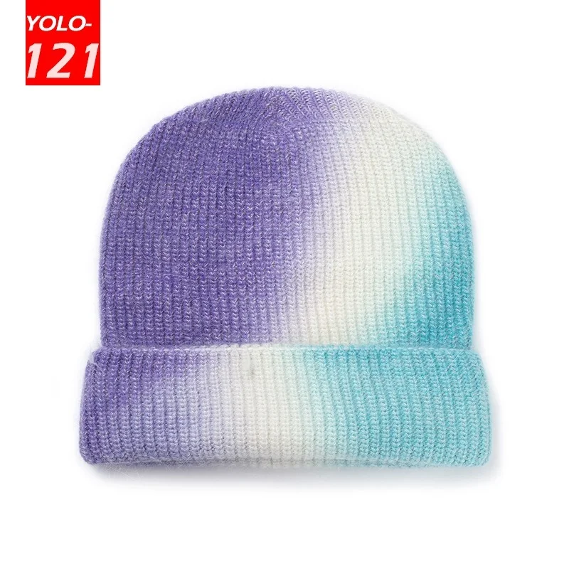 

Women's Winter Hat Beanie Tie-dyed Colorful Knitted Hat Rabbit Fur Skullies Warm Bonnet Cap Female Hats for Girl Hat