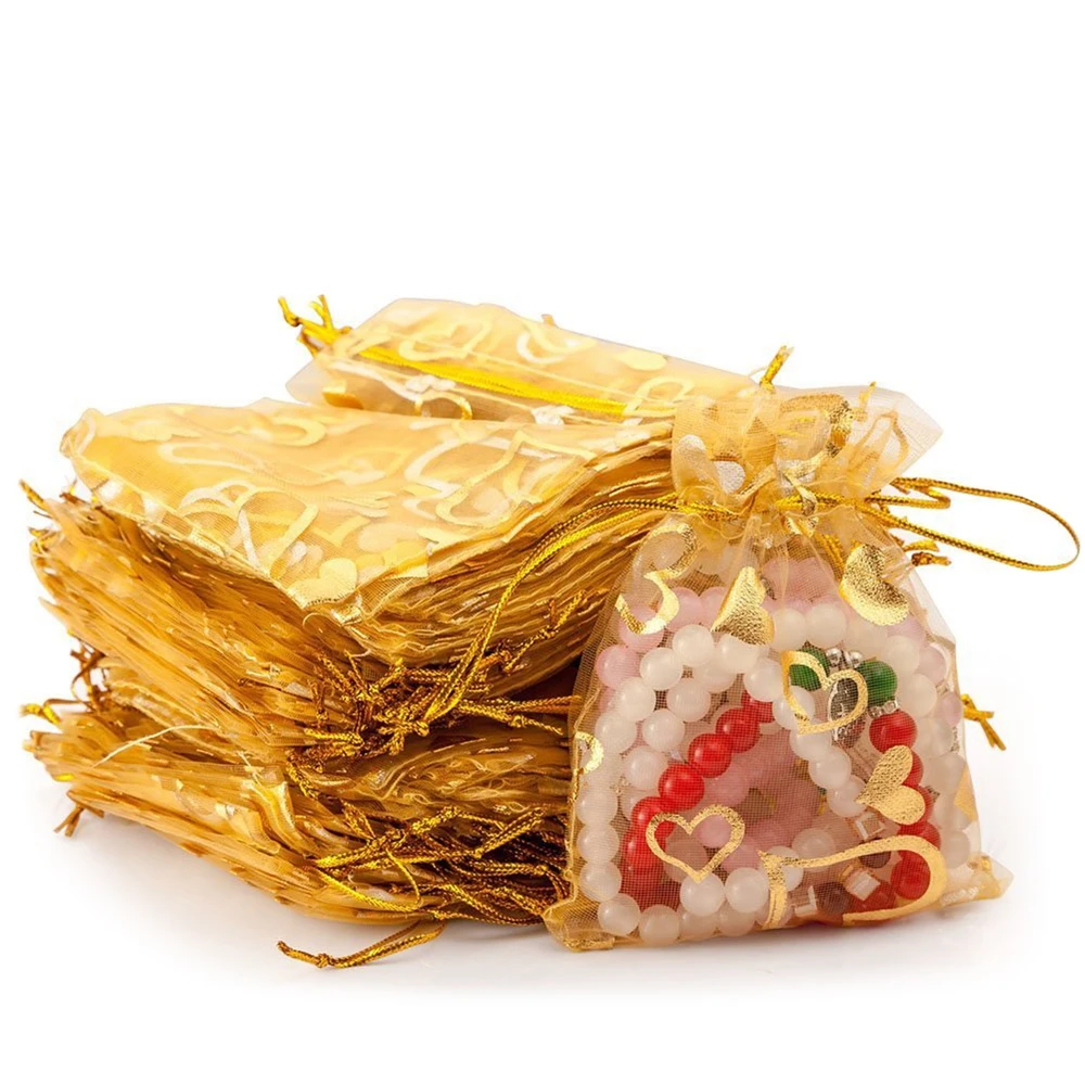 

100pcs Gold Organza Gift Bags with Drawstring Jewelry Candy Chocolate Bags Pouches for Wedding Party Birthday Christmas Holiday