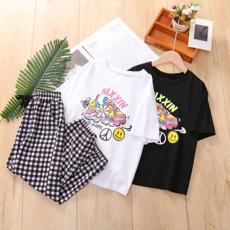 

Summer Clothes New Baby Girl Casual Short Sleeve Suits Girls Fashion Plaid Cropped Pants + T-shirt Two-piece Kids Clothing Set