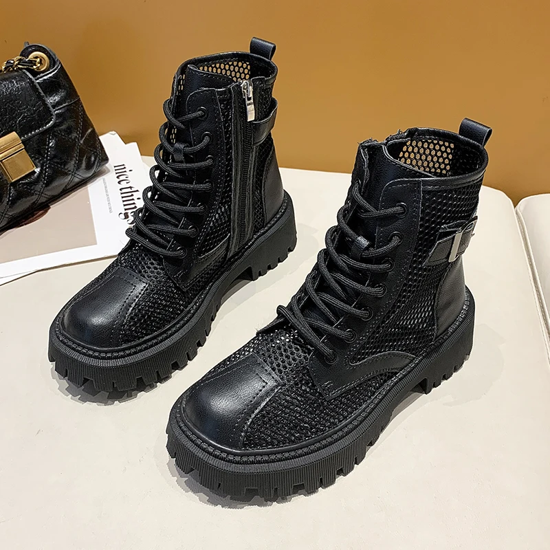 

2021 New Mesh Flat with Black Outdoor Short Boots Women's Summer Net Yarn Breathable Martin Boots Hollow Boots Women's Sandals