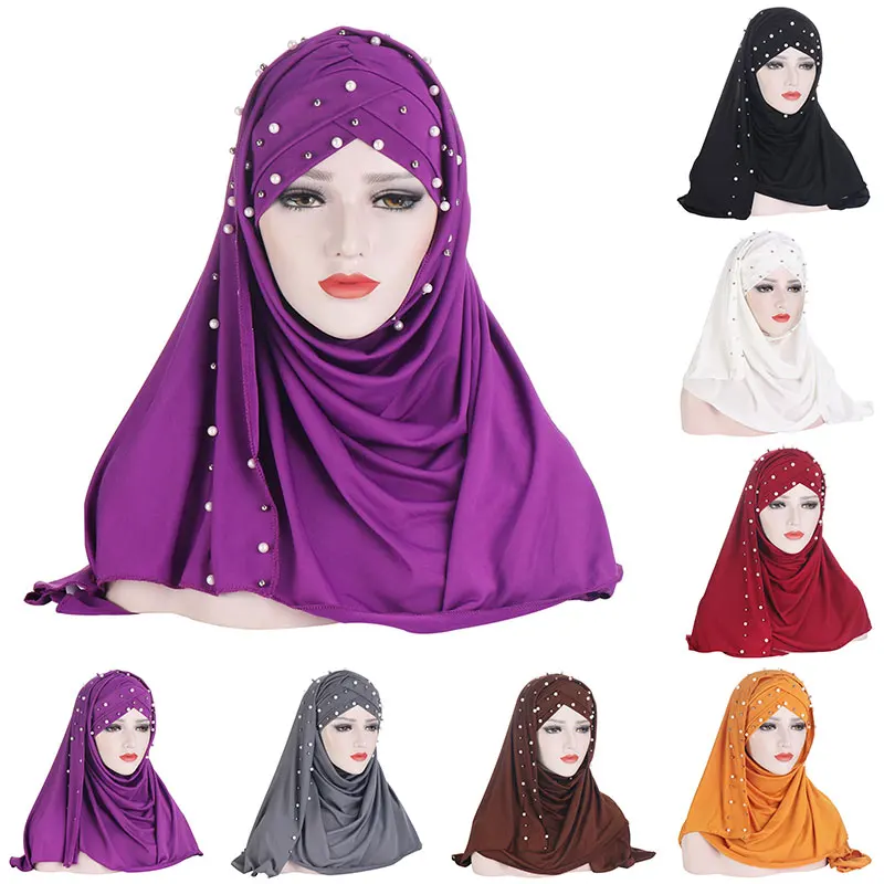 

Classic Two-piece Suit Women's Headscarf Hat Ladies Muslim Wrap Head Scarves Turban Caps Solid Color Beads Hijabs Scarf