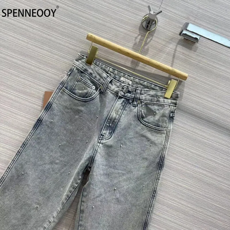 SPENNYMOOR Designer Brand Summer Straight Denim Pants Women luxury Crystal Diamond Pants