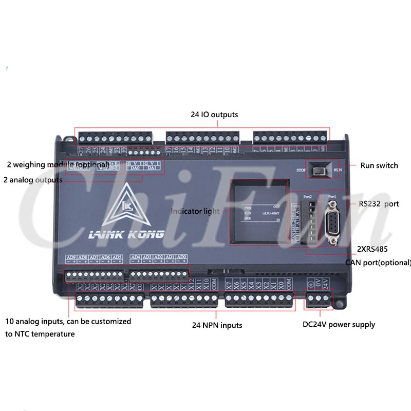 

PLC industrial control board FX3U-48MT 24 input 24 transistor output 10AD(0-10V) 2DA RS232 2*RS485 Support HMI and expansion