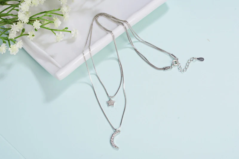 

YANHUI New Trendy Double Layered Choker Necklace With Moon& Stars Pendant Multistrand Necklace Silver 925 Jewelry For Women ND18