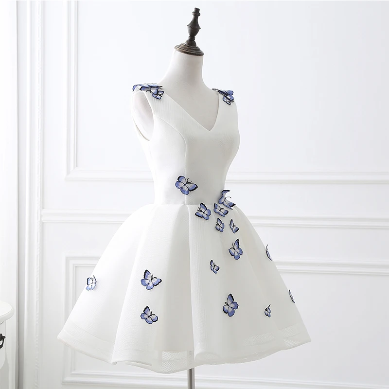 

Simple V-neck Short Party Dresses Sleeveless Cheap With Butterfly Homecoming Dress Simple Mini Prom Gown Abiye Vestidos
