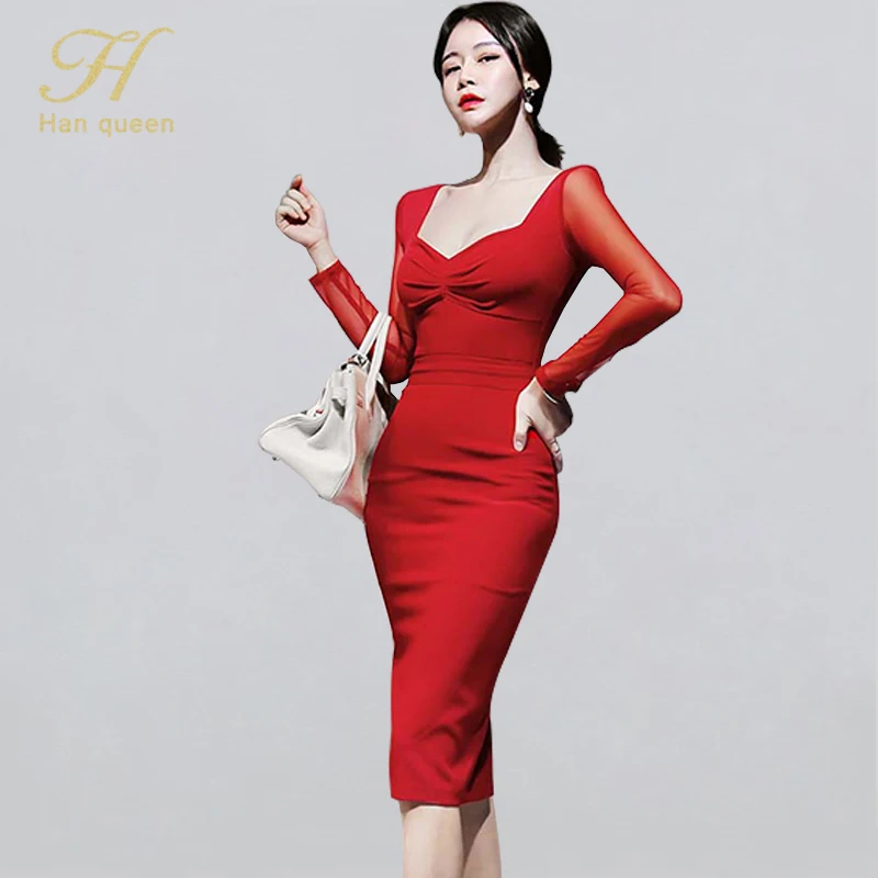 Новое поступление пикантные облегающие платья H Han Queen с сетчатым рукавом женское
