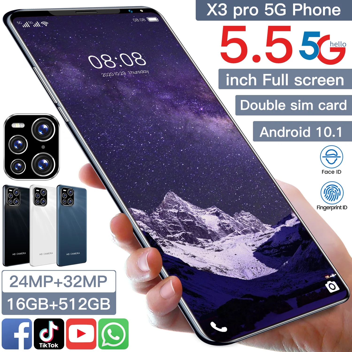 

Global Version 5.5 inch X3 Pro High-profile mobile phone 5G Net Android10.1 16+512GB 5600mAh Smartphone Unlocked Cell Phone New