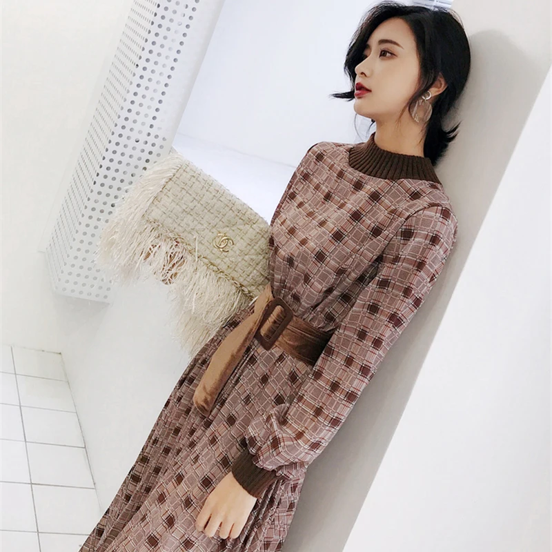 

GOOHOJIO Autumn Dresses Women Vintage Plaid Lantern Sleeve Female Maxi Dresses Elegant Sashes Party Vestidos femme 2021