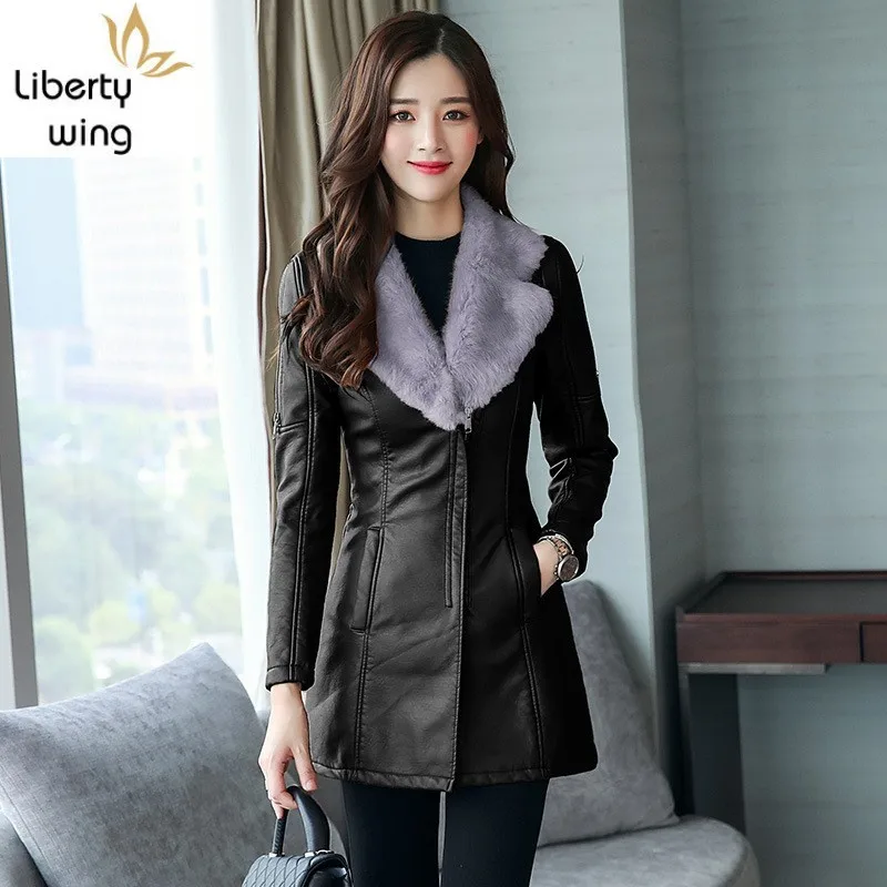 Fashion Fur Collar Slim Faux New Winter Thick Warm Jacket Women PU Leather Coat Korean Female Overcoat Parkas | Женская одежда