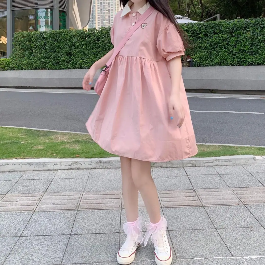 

Japanese Summer Ladies Dress Harajuku Short-Sleeved Kawaii Sweet Girl Dress Vacation Chic Dress Popular Loose Lapel Soft Dress