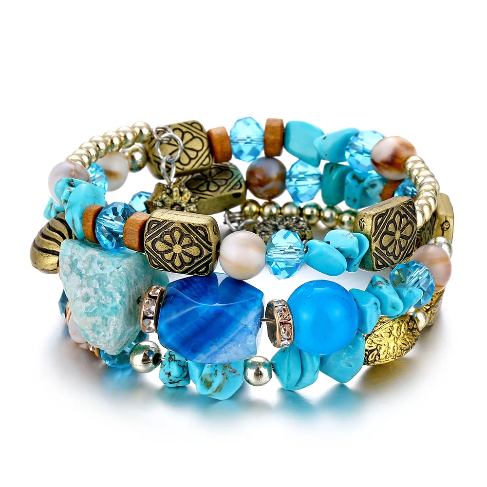 Женский многослойный браслет с бусинами и кристаллами в этническом стиле |