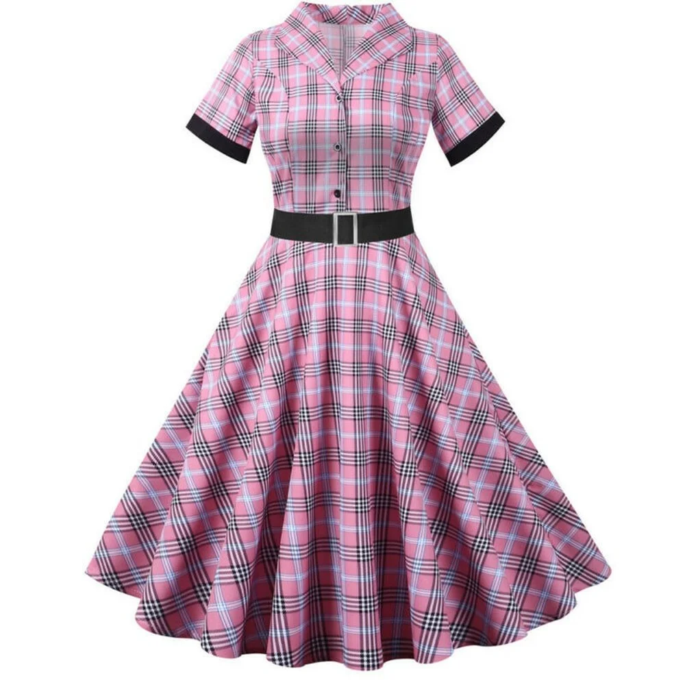

Womens Short Sleeve Check Dress Summer Beach Party Casual Retro Swing Dresses