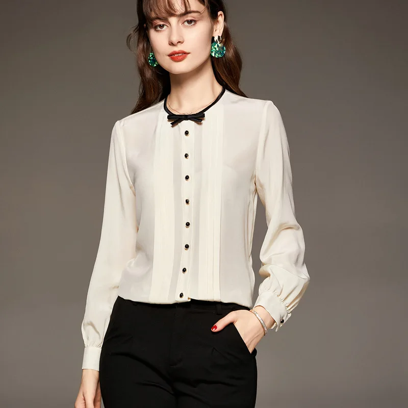 

European Station Summer Women's Clothing New round Neck Long Sleeve Solid Color Silk Crepe De Chine Pleated All-Matching Shirt