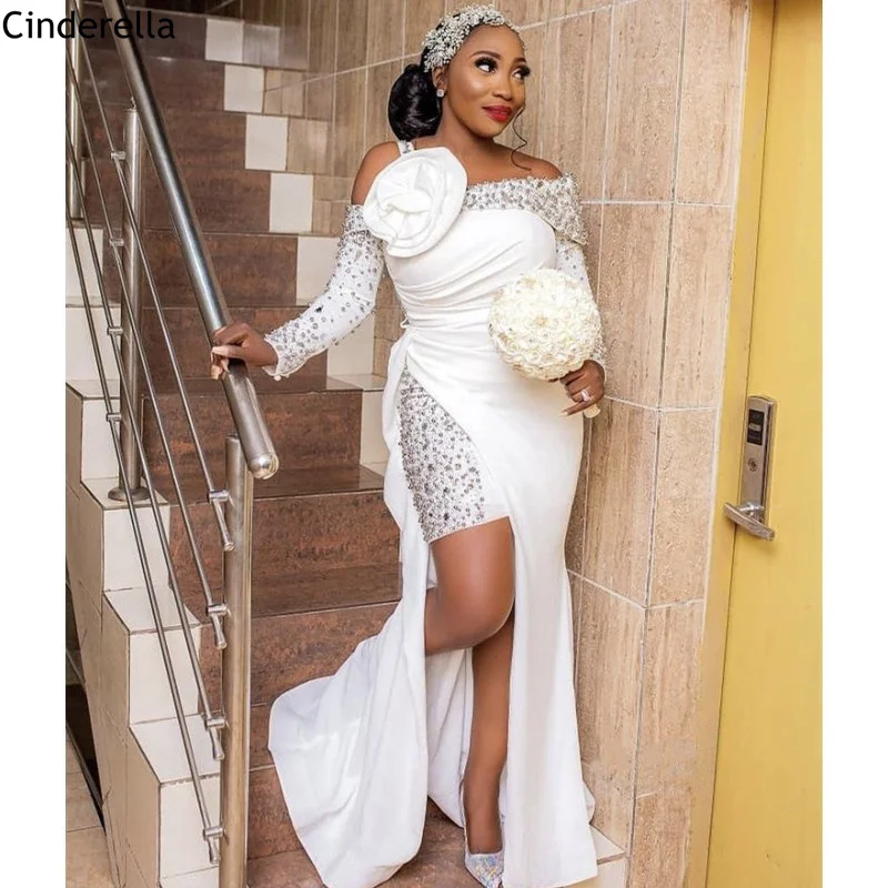 

Wedding Dresses Long Sleeves Mermaid High Quality Satin Crystal Beaded Mermaid Wedding Dresses Lace Up Back vestido de noiva