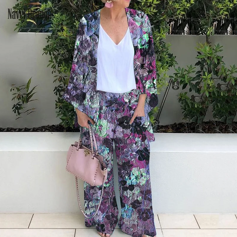 

Women Fashion Casual Long Cardigan Full Pants 2PCS Suits Vintage Spring Autumn Floral Printing Outfits Plus Size 3XL Streetwear