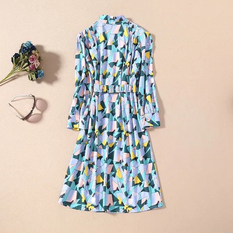 

Latest Fashion Designer Dress 2020 Summer Women Geometric Print Patterns 3/4 Sleeve Mid-Calf Length Casual Work Dress Chic