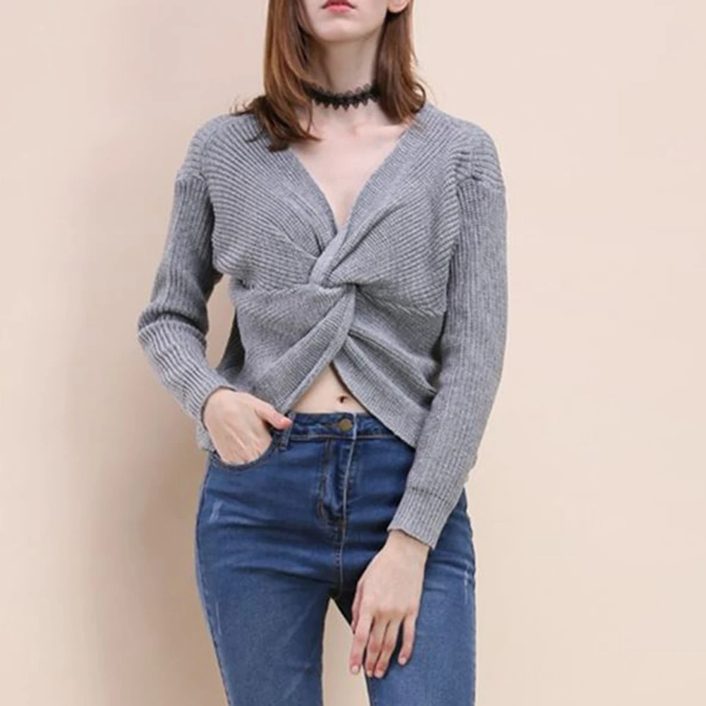Autumn Winter Women Sweaters Twisted Backless Jumpers Solid Color Slim V Neck Sweater Jumper | Женская одежда