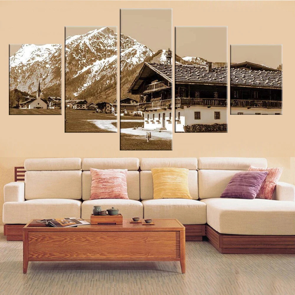 

Painting Canvas Wall Art 5 Piece Snow Mountain House Posters Picture Landscape Prints For Home Interior Decor Bedroom Decoration