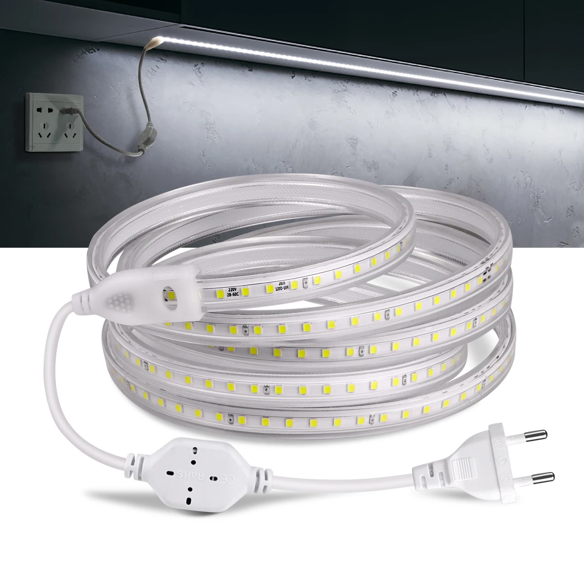 Светодиодная подсветка под шкаф 220V EU /110V US Plug 120 LEDs/M водонепроницаемый для кухни